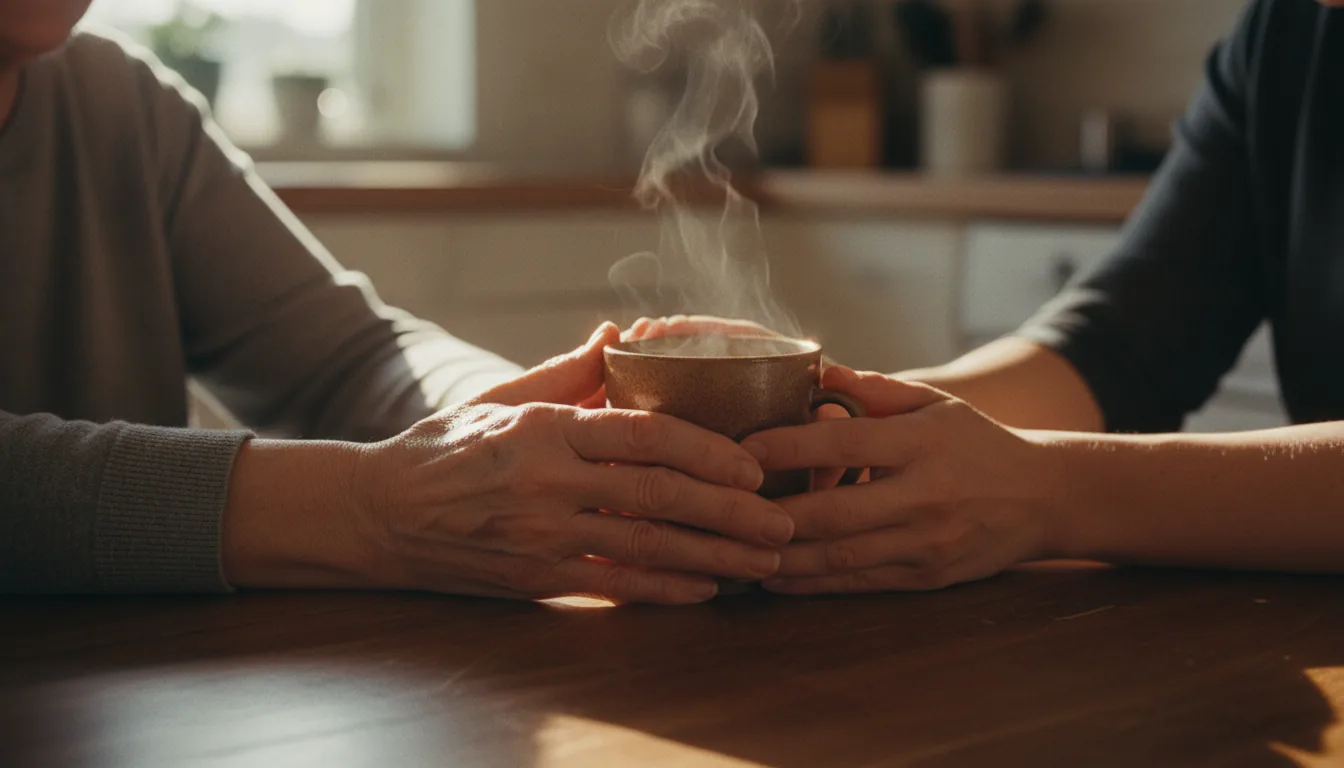 A caregiver's and an older woman's hands together around a mug of tea in warm afternoon light