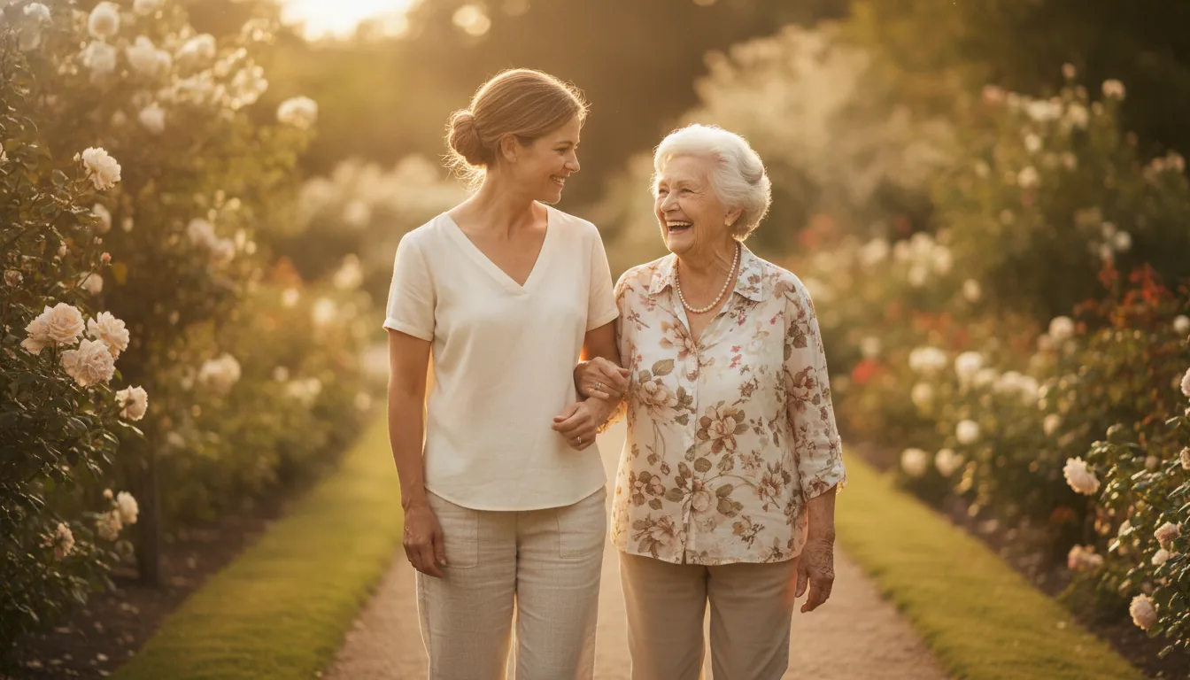 A caregiver and an older woman sitting together in a sunlit garden in late afternoon