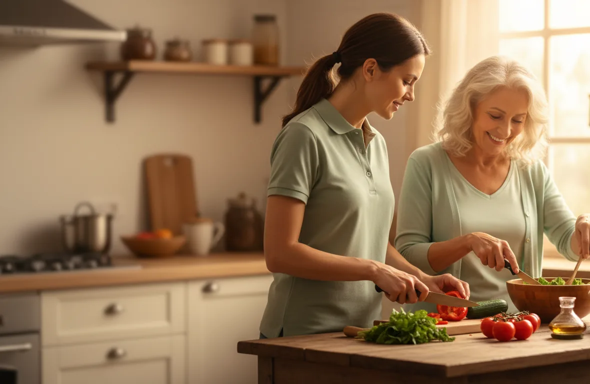 A caregiver and an older woman preparing a fresh meal together in a sunlit kitchen